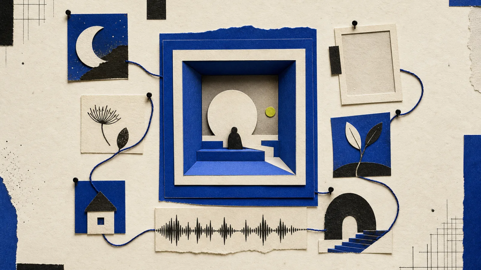 Cobalt-blue and black paper collage on a warm grainy background, with a central square chamber connected by blue thread to a moon, flower, house, sprouting leaves, sound wave, empty frame, and arched stairway; a small acid-lime circle accents the center.