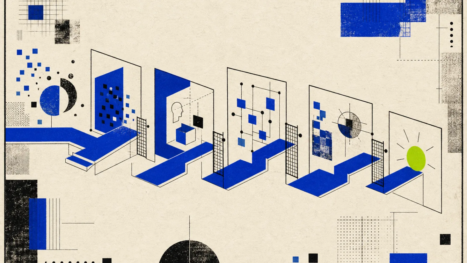 Cobalt-blue pathway passing through five outlined architectural gates on warm textured paper, surrounded by sparse black grids and geometric marks, with an acid-lime oval at the final checkpoint.
