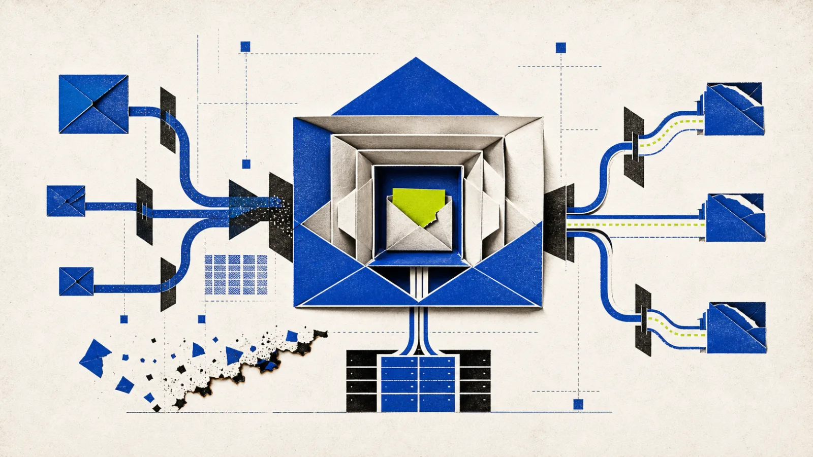 Nested cobalt and paper-white envelopes surround an acid-lime message core, with guarded blue routes branching toward smaller envelopes and fragments dissolving along the lower edge.